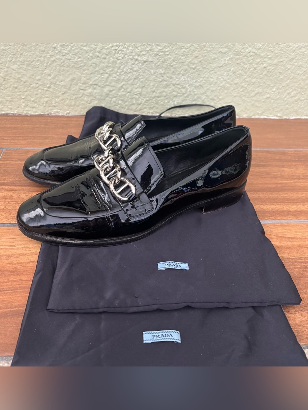 Prada Patent Leather Chain Loafer in Black w/Duster Bags Size: EU 38 OR US 7.5 - Picture 2 of 9